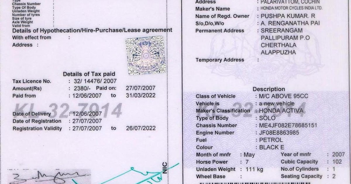 Vehicle Rc Book Kerala